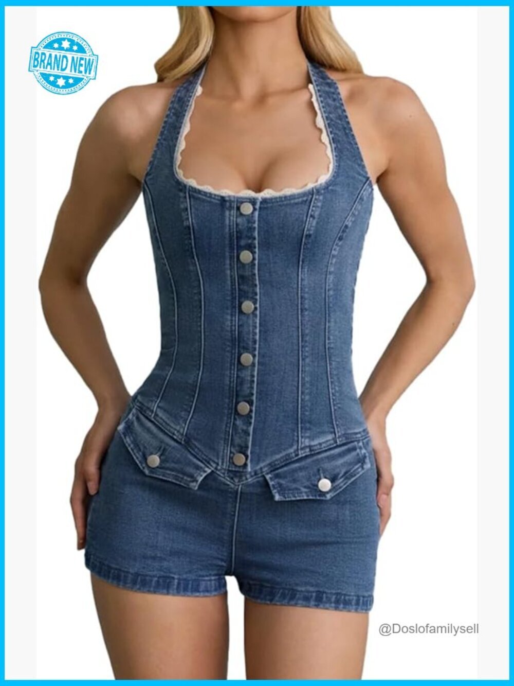 Denim Romper Off Shoulder Square Neck Lace Trim Button Down Shorts Jumpsuit Y2K